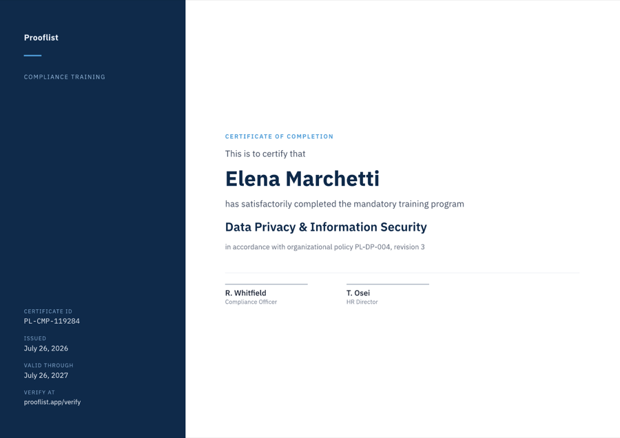 Corporate Compliance template: landscape certificate with a navy left sidebar listing certificate ID, issue date and validity, beside a white body.