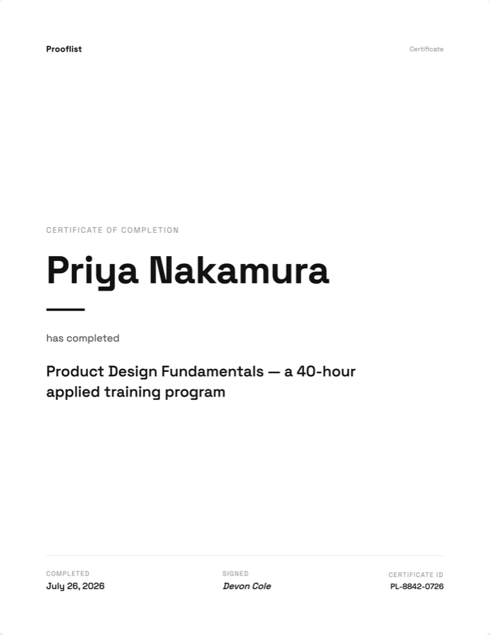 Modern Minimal template: white portrait certificate with a very large black participant name and a single short rule beneath it.